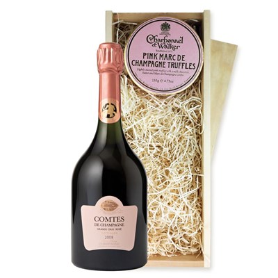 Taittinger Comtes de Champagne Rose 2008 Prestige Cuvee 75cl And Pink Marc de Charbonnel Chocolates Box